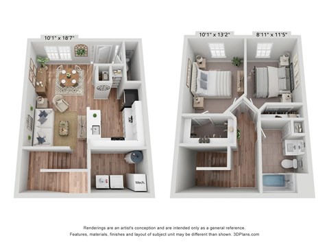 Floor plan for 2 beds, 1.5 baths, 1000 sqft